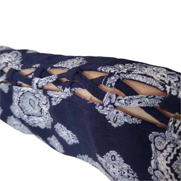 Altar'd State Medallion Faux Wrap Boho Top with Laced Sleeve in Navy. - Picture 3 of 9